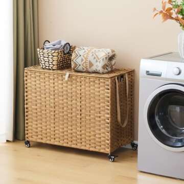 Laundry Hamper with Wheels, 52.8 Gallon(200L) Rolling Laundry Basket with Lid, 3-Section Rattan Clot...