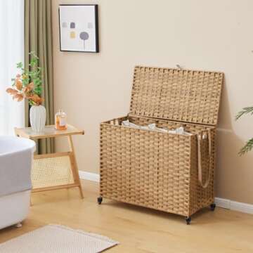 Laundry Hamper with Wheels, 52.8 Gallon(200L) Rolling Laundry Basket with Lid, 3-Section Rattan Clothes Hamper with 3 Removable Liner & 3 Mesh Laundry Bags, Laundry Sorter with Side Pocket, Natural
