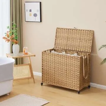 Laundry Hamper with Wheels, 52.8 Gallon(200L) Rolling Laundry Basket with Lid, 3-Section Rattan Clothes Hamper with 3 Removable Liner & 3 Mesh Laundry Bags, Laundry Sorter with Side Pocket, Natural