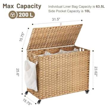 Laundry Hamper with Wheels, 52.8 Gallon(200L) Rolling Laundry Basket with Lid, 3-Section Rattan Clothes Hamper with 3 Removable Liner & 3 Mesh Laundry Bags, Laundry Sorter with Side Pocket, Natural