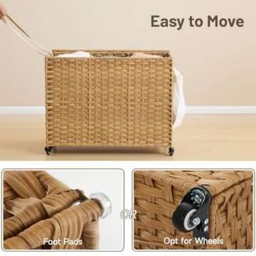 Laundry Hamper with Wheels, 52.8 Gallon(200L) Rolling Laundry Basket with Lid, 3-Section Rattan Clothes Hamper with 3 Removable Liner & 3 Mesh Laundry Bags, Laundry Sorter with Side Pocket, Natural
