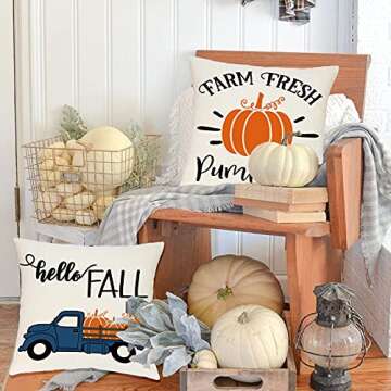 Ueerdand Fall Pillow Covers 18x18 Inches Fall Decorations Thanksgiving Autumn Theme Outdoor Pumpkin Patch Farmhouse Decorative Throw Pillowcase Linen Cushion Case for Home Decor Set of 4