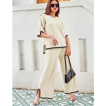 Tanming Sweater Sets Women 2 Piece Lounge Sets Short Sleeve Knit Pullover Tops Wide Leg Pants