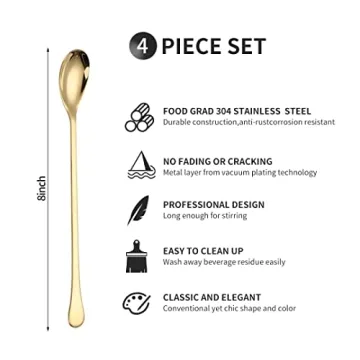 Long Handle Ice Tea Spoons Set of 4 - Premium Gold Stainless Steel