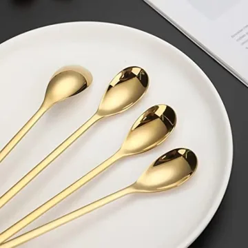 Long Handle Ice Tea Spoons Set of 4 - Premium Gold Stainless Steel