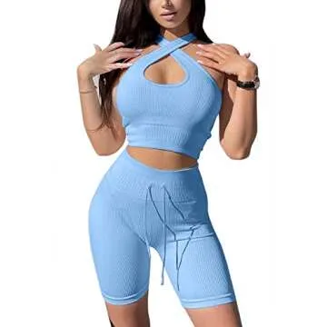QINSEN Women Workout 2 Piece Outfits Ribbed High Waist Booty Shorts Gym Yoga Sexy Sports Crop Tops Sets Blue L