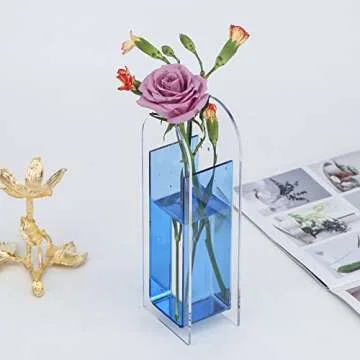 Unique Clear Blue Flower Vase Home Funky Decor Acrylic Small Vases,Plastic vases for centerpieces Round Decorative Vase,Flower Arrangement Computer Desk,Bedside Table,Window sill Decor