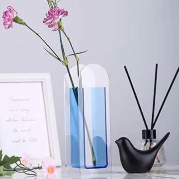 Unique Clear Blue Flower Vase Home Funky Decor Acrylic Small Vases,Plastic vases for centerpieces Round Decorative Vase,Flower Arrangement Computer Desk,Bedside Table,Window sill Decor