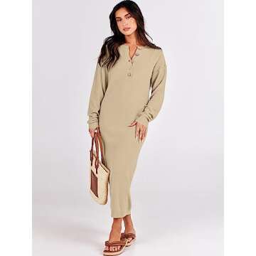 ANRABESS Women Long Sleeve Button V Neck Oversized Casual Loose Fit Waffle Knit Fall Midi Sweater Dr...