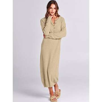 ANRABESS Women Long Sleeve Button V Neck Oversized Casual Loose Fit Waffle Knit Fall Midi Sweater Dress 2024 Trendy Outfits