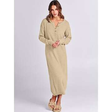 ANRABESS Women Long Sleeve Button V Neck Oversized Casual Loose Fit Waffle Knit Fall Midi Sweater Dress 2024 Trendy Outfits