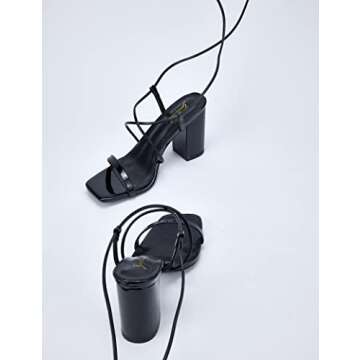 GENSHUO Square Toe Sandals Women Lace up Chunky High Heels Strappy Sandals Block Heeled Ankle Wrap Homecoming Wedding Dress Shoes Black Size 8.5