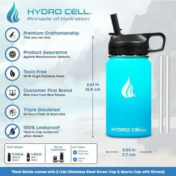 HYDRO CELL Stainless Steel Insulated Water Bottle with Straw - For Cold & Hot Drinks - Metal Vacuum Flask with Screw Cap and Modern Leakproof Sport Thermos for Kids & Adults (Teal/Blue 14oz)