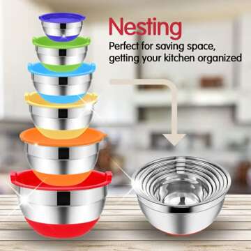 Mixing Bowls with Airtight Lids, 20PCS Stainless Steel Mixing Bowls Set, Nesting Bowls with 3 Grater Attachments & Non-Slip Bottoms, Size7, 4, 3, 2, 1.5, 1QT Bowls for Baking&Prepping