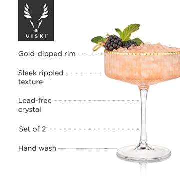 Viski Meridian Vintage Coupe Glasses, Art Deco Champagne Coupe Glassware, Gold Rimmed Stemmed Drinkw...
