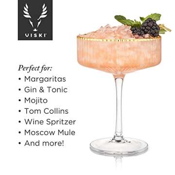 Viski Meridian Vintage Coupe Glasses, Art Deco Champagne Coupe Glassware, Gold Rimmed Stemmed Drinkware Set of 2, 11.5 oz