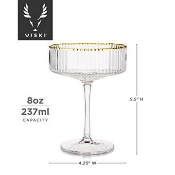 Viski Meridian Vintage Coupe Glasses, Art Deco Champagne Coupe Glassware, Gold Rimmed Stemmed Drinkware Set of 2, 11.5 oz