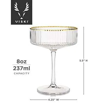 Viski Meridian Vintage Coupe Glasses, Art Deco Champagne Coupe Glassware, Gold Rimmed Stemmed Drinkware Set of 2, 11.5 oz