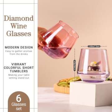 Physkoa Colored Stemless Wine Glasses Set of 6, Multi color Wine Glasses14oz,Diamond Shaped Cocktail Glass,Colorful Short Tumblers.Unique Drinkware for Home Party