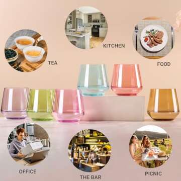 Physkoa Colored Stemless Wine Glasses Set of 6, Multi color Wine Glasses14oz,Diamond Shaped Cocktail Glass,Colorful Short Tumblers.Unique Drinkware for Home Party