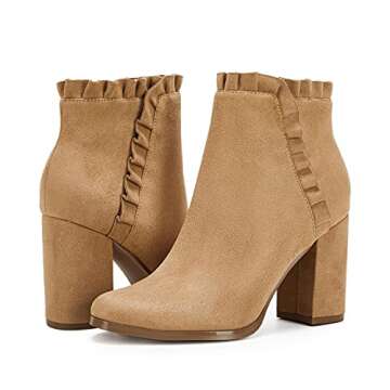 Ermonn Womens Chunky Block Heel Ankle Boots with Ruffles