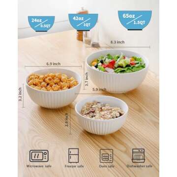 Hasense Small Mixing Bowls of 3, Ceramic Ribbed Nesting White Bowls 1.5/1/0.5 Qt For Kitchen, Cookin...