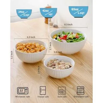 Hasense Small Mixing Bowls of 3, Ceramic Ribbed Nesting White Bowls 1.5/1/0.5 Qt For Kitchen, Cookin...