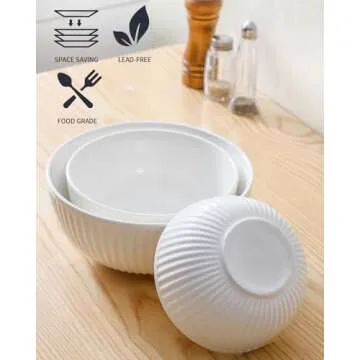 Hasense Small Mixing Bowls of 3, Ceramic Ribbed Nesting White Bowls 1.5/1/0.5 Qt For Kitchen, Cooking, Baking and Serving Prep Bowls for Salad, Pasta, Modern Space Saving Dishes for Kitchen