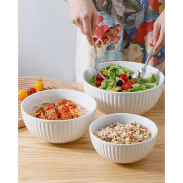 Hasense Small Mixing Bowls of 3, Ceramic Ribbed Nesting White Bowls 1.5/1/0.5 Qt For Kitchen, Cooking, Baking and Serving Prep Bowls for Salad, Pasta, Modern Space Saving Dishes for Kitchen