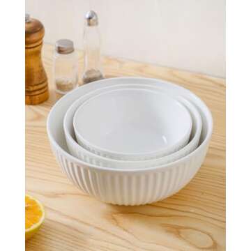 Hasense Small Mixing Bowls of 3, Ceramic Ribbed Nesting White Bowls 1.5/1/0.5 Qt For Kitchen, Cooking, Baking and Serving Prep Bowls for Salad, Pasta, Modern Space Saving Dishes for Kitchen