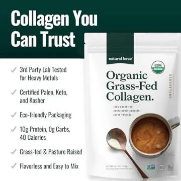 Natural Force Organic Clean Collagen Peptides Powder - USDA Certified Organic & Non-GMO, Keto & Paleo Certified - Hydrolyzed Type I & III Protein Powder with Essential Amino Acids – Unflavored, 10.7oz