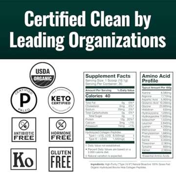 Natural Force Organic Clean Collagen Peptides Powder - USDA Certified Organic & Non-GMO, Keto & Paleo Certified - Hydrolyzed Type I & III Protein Powder with Essential Amino Acids – Unflavored, 10.7oz