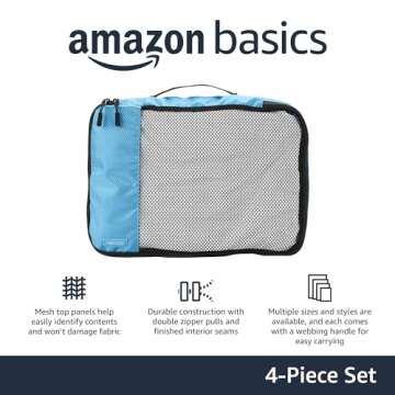 Amazon Basics 4 Piece Packing Cubes for Travel, Travel Organizer Zipper Cubes Set, Medium, Sky Blue