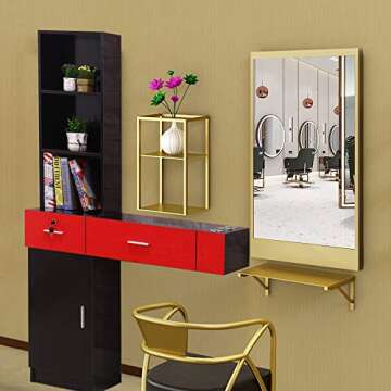 Goujxcy Hair Styling Station,Beauty Salon Spa Equipment Set Wall Mount Hair Styling Barber Station Mirror Dressing Table(Red & Black)