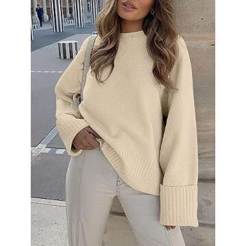 LOGENE Women's Oversized Sweater Crewneck Long Sleeve Soft Fuzzy Knit Pullover Sweaters 2024 Winter Fashion Warm Tops Clothes Light Beige Small