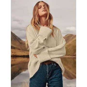 LOGENE Women's Oversized Sweater Crewneck Long Sleeve Soft Fuzzy Knit Pullover Sweaters 2024 Winter Fashion Warm Tops Clothes Light Beige Small