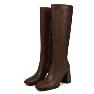 Wetviro Brown Square Toe Knee High Boots Women Stylish Comfort