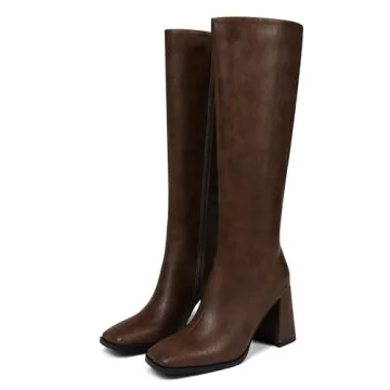 Wetviro Brown Square Toe Knee High Boots Women Stylish Comfort