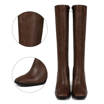 Wetviro Brown Square Toe Knee High Boots Women Stylish Comfort