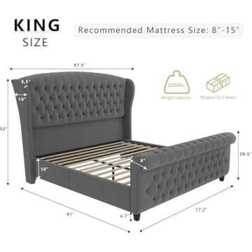 AMERLIFE King Size Platform Bed Frame, Velvet Upholstered Sleigh Bed with Scroll Wingback Headboard ...