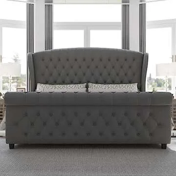 AMERLIFE King Size Platform Bed Frame, Velvet Upholstered Sleigh Bed with Scroll Wingback Headboard & Footboard/Button Tufted/No Box Spring Required/Grey