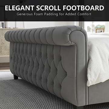AMERLIFE King Size Platform Bed Frame, Velvet Upholstered Sleigh Bed with Scroll Wingback Headboard & Footboard/Button Tufted/No Box Spring Required/Grey
