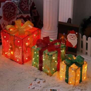 Aokia Outdoor Christmas Decorations, Christmas Home Lawn Decor, Christmas Lights Gift Box, 60 LED Pre-lit Tinsel Present Box with Bowknot (Red Green Yellow) for Christmas Tree, Yard, Indoor, Patio