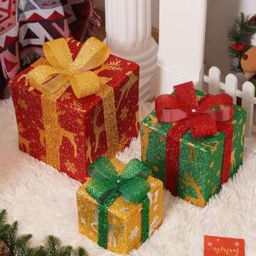 Aokia Outdoor Christmas Decorations, Christmas Home Lawn Decor, Christmas Lights Gift Box, 60 LED Pre-lit Tinsel Present Box with Bowknot (Red Green Yellow) for Christmas Tree, Yard, Indoor, Patio