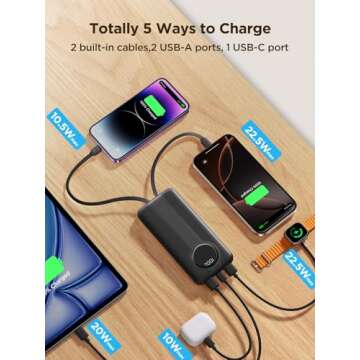 Aioneus 10000mAh Portable Charger with Built-In Cables