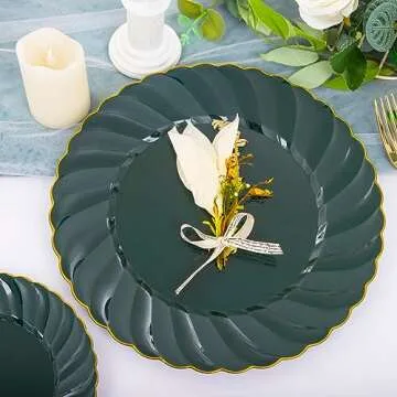 YOUBET 150PCS Green Plastic Plates with Gold Rim- Green Plates Include 25 Dinner Plates, 25 Salad Plates, 25 Knives, 25 Forks, 25 Spoons, 25 Napkins-Ideal for St Patrick's Day Party & Wedding
