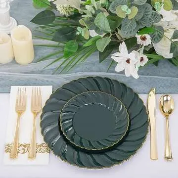 YOUBET 150PCS Green Plastic Plates with Gold Rim- Green Plates Include 25 Dinner Plates, 25 Salad Plates, 25 Knives, 25 Forks, 25 Spoons, 25 Napkins-Ideal for St Patrick's Day Party & Wedding