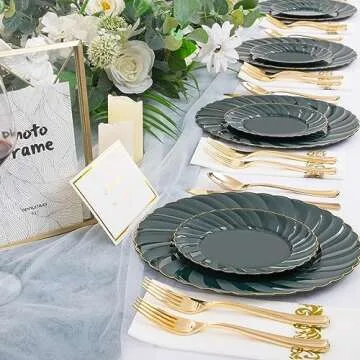 YOUBET 150PCS Green Plastic Plates with Gold Rim- Green Plates Include 25 Dinner Plates, 25 Salad Plates, 25 Knives, 25 Forks, 25 Spoons, 25 Napkins-Ideal for St Patrick's Day Party & Wedding