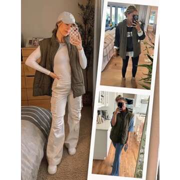 APAFES Women Winter Oversized Puffer Vest Quilted Lightweight Stand Collar Flysleeve Insulated Padde...