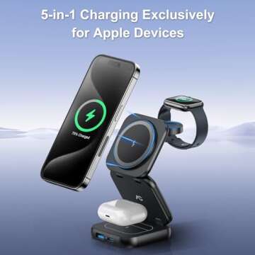 Wireless Charger for Magsafe, AC Island 5-in-1 Charging Station, 15W Max Fast Magnetic Foldable Stan...